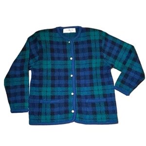 Vintage Crystal Kobe Cardigan Acryli Sweater Green Tartan Plaid Gold Buttons 80s